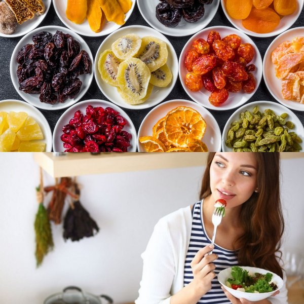 женщина счастлива на диете ест сухофрукты